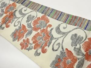 手織り真綿紬横縞に花唐草模様織出し名古屋帯